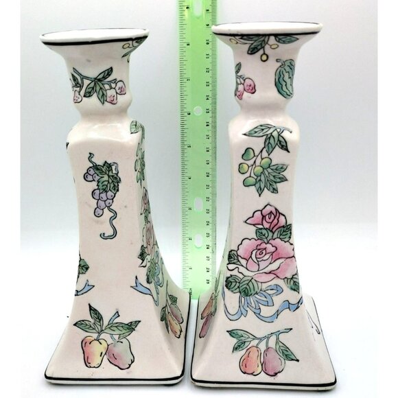 Taper Candle Holders Chinoiserie Hand Painted Vintage Floral Pastel Pair 8.3 In - Picture 3 of 13